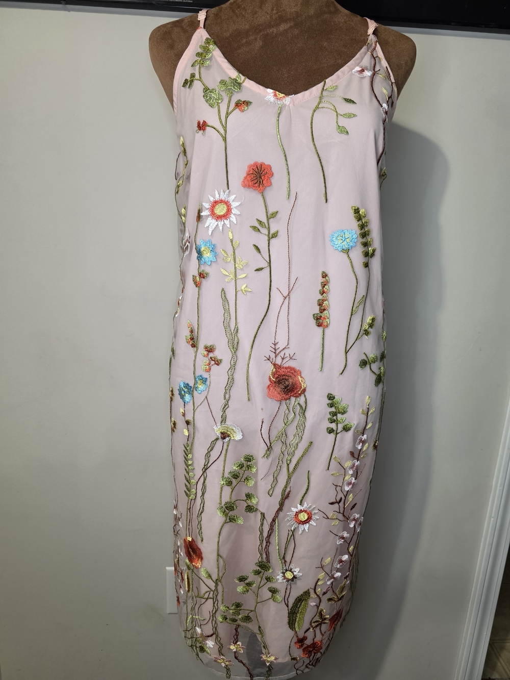 ICE Pink Floral Embroidered Mesh Slip Dress Women’s Size 14 Fairycore Cottagecor